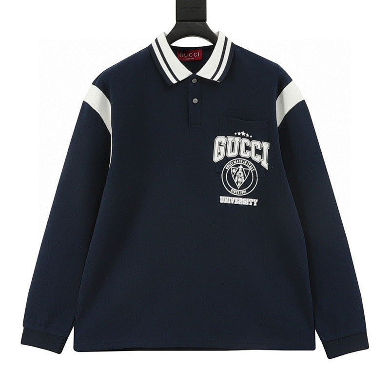 Gucci Letter-Embroidered Long-Sleeve Polo Shirt