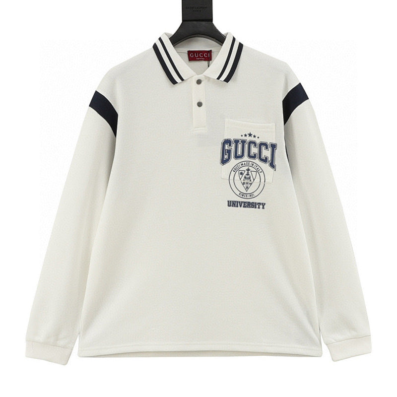 Gucci Letter-Embroidered Long-Sleeve Polo Shirt