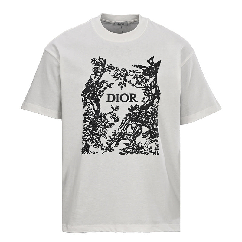 DIOR Floral and Bird Silhouette Print Short-Sleeve T-Shirt